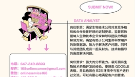 【168新岗】多伦多生物科技公司请Data Analyst 1名（可移民）