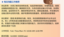 【168中介内推】旺市物流公司请Logistics Coordinator 1名